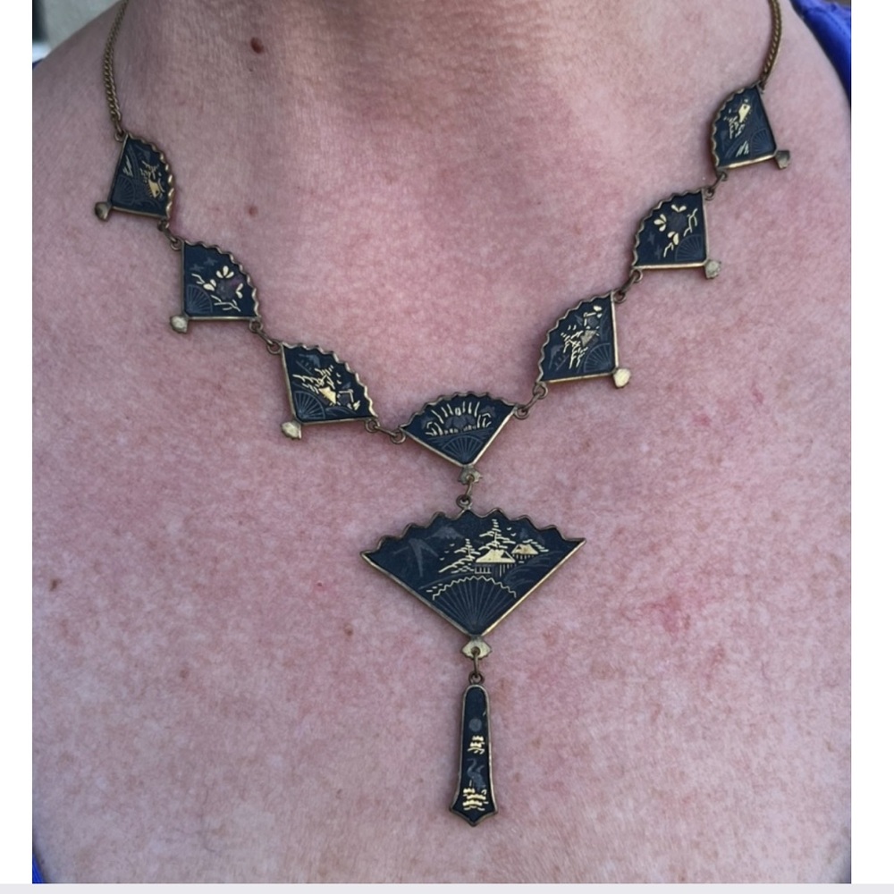 Vintage 1940’s Japanese Damascene Fan Necklace 24K
